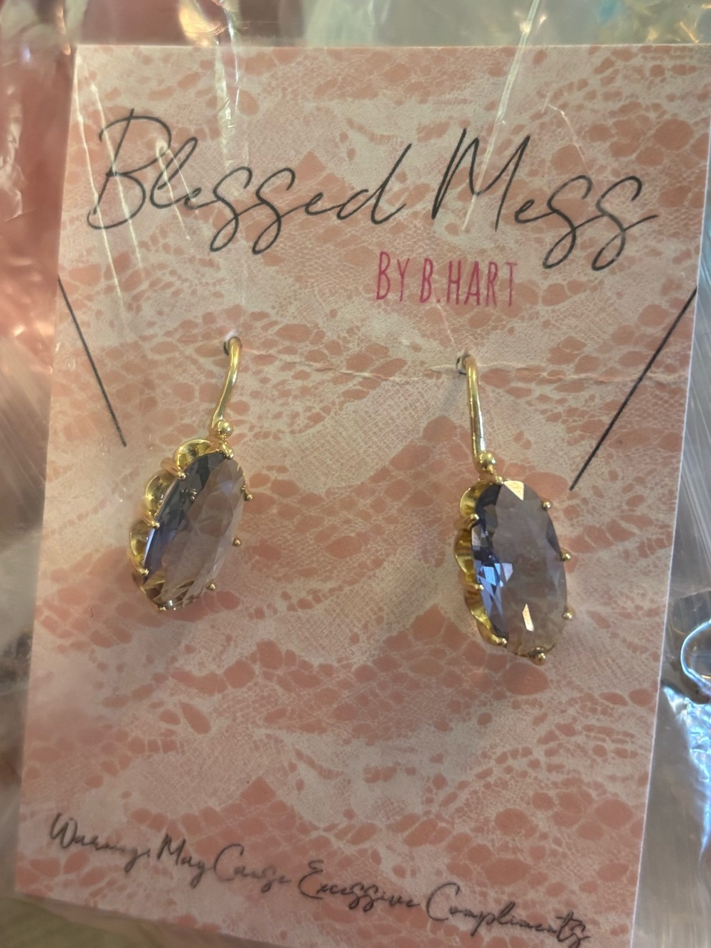 Blessed Mess by B. Hart Handmade Gold Drop Earrings with Lavender Stones